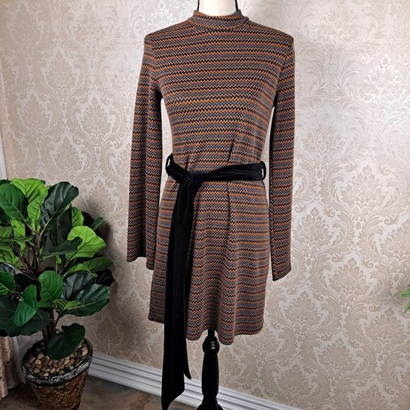 Zara Size Medium Chevron Striped Sheath Dress Black Velvet Belt Mock Neck - Picture 1 of 13